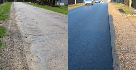 Droga Kutowa przed i po remoncie (po lewej - zdjęcie przedstawiające dziury na drodze po prawej - zdjęcie prezentujące efekt remontu)