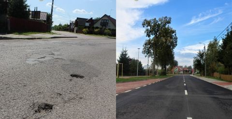 Widok drogi przed i po rozbudowie - po lewej zdjęcie z lipca 2019 r. z ubytkami na drodze, po prawej zdjęcie z października 2020 r.nowa nawierzchnia drogi