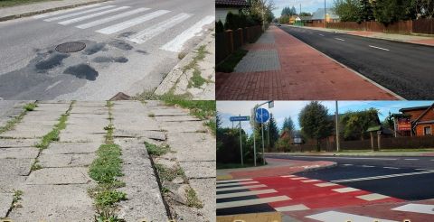 Widok drogi przed i po rozbudowie - po lewej zdjęcie z ubytkami na drodze i zniszczony chodnik (zdjęcie z lipca 2019 r.), po prawej nowa nawierzchnia drogi, ścieżka rowerowa i piesza (zdjęcie z października 2020 r.)